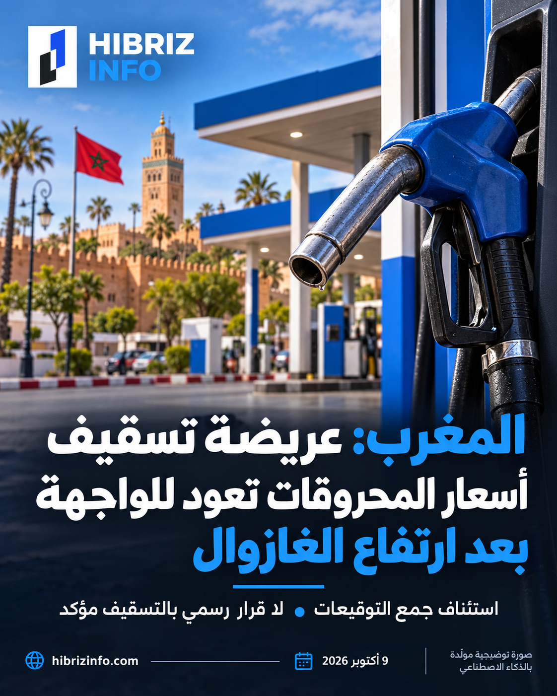 رسم إخباري توضيحي لمحطة وقود مغربية ومضخة، بعنوان حول استئناف عريضة تسقيف المحروقات؛ ليس تصويراً لحدث حقيقي